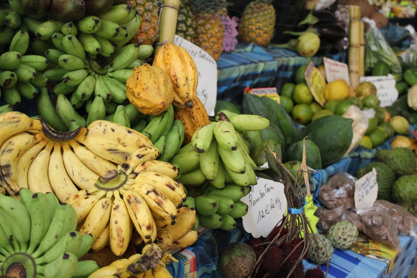 Bananas, soursop and pineapples on a Caribbean market stall