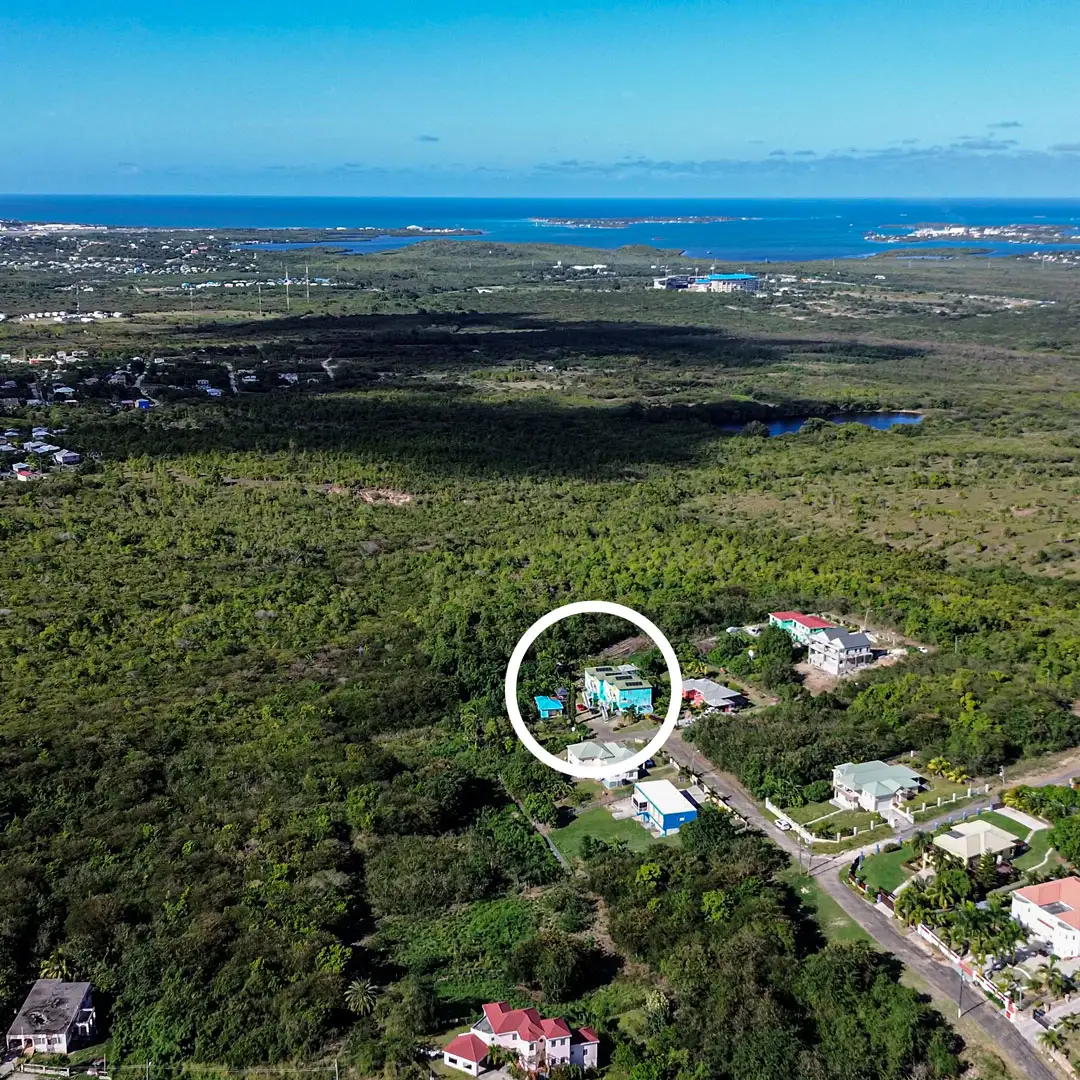 Aerial map view of central Antigua with LambLion Apartments circled